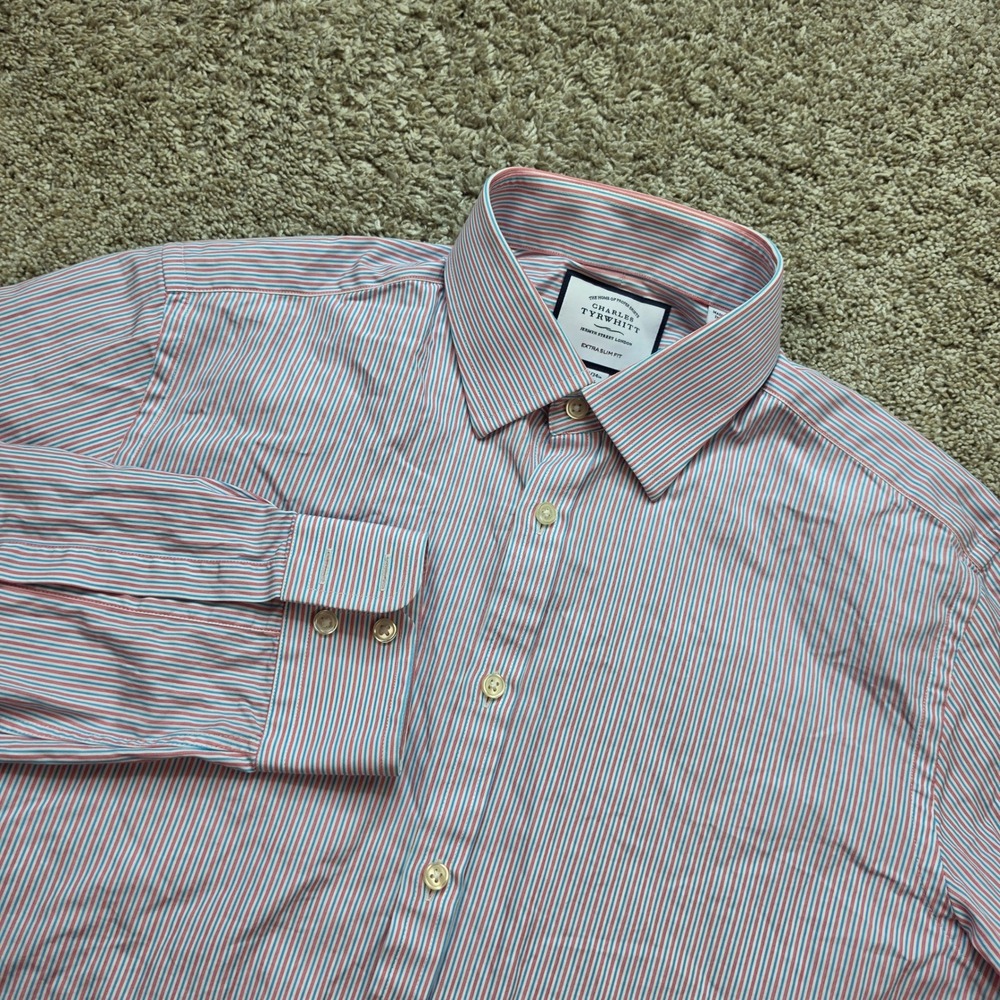 Charles Tyrwhitt Extra Slim Fit Dress Shirt Mens 16/34 Red Blue Striped Cotton